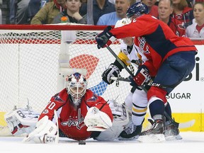 Braden Holtby of the Washington Capitals makes a save against the Pittsburgh Penguins in Game 5 during the NHL Playoffs at the Verizon Center on May 6, 2017. (Bruce Bennett/Getty Images)
