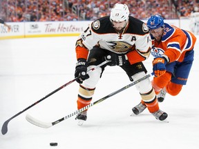 Anton Slepyshev #42 of the Edmonton Oilers battles against Ryan Kesler #17 of the Anaheim Ducks in Game Six of the Western Conference Second Round during the 2017 NHL Stanley Cup Playoffs at Rogers Place on May 7, 2017 in Edmonton, Alberta, Canada.