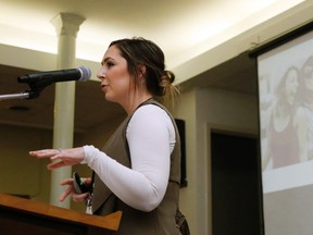 Public health nurse Stephanie Vance speaks at a seminar for parents about the dangers of opioid drug use Tuesday, May 9, 2017 at Bridge Street United Church in Belleville, Ont. About 50 people attended. Luke Hendry/Belleville Intelligencer/Postmedia Network
