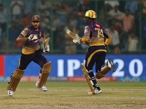 Kolkata Knight Riders’ Manish Pandey (left) and Sunil Narine run between the wickets. Narine is finding success as a batsman. (AP)
