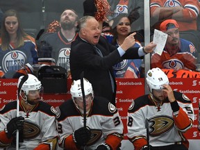 Anaheim Ducks head coach Randy Carlyle trying to get his troops going as they ended up losing 7-1 to the Edmonton Oilers during NHL playoff action at Rogers Place in Edmonton, May 7, 2017.