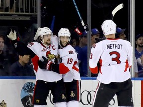 Erik Karlsson of the Ottawa Senators celebrates with teammates Derick Brassard and Marc Methot after scoring a goal against the New York Rangers during Game 6 at Madison Square Garden on May 9, 2017. (Bruce Bennett/Getty Images)