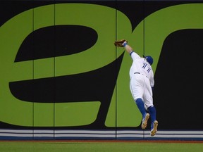 Toronto Blue Jays centre fielder Kevin Pillar makes a diving catch on May 8, 2017. (NATHAN DENETTE/The Canadian Press)