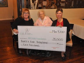 Mrs. Lily Fielding presents a cheque for $35,000 to the NEO Kids Foundation. From left: Patricia Mills, president of the foundation; Fielding; and Louise Bergeron, president of the Rotary Club of Sudbury Sunrisers. Supplied photo