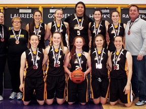 The Wallaceburg Junior AirHawks won Division 1 bronze medals at the Ontario Cup under-19 girls' provincial basketball championship Sunday in Waterloo. The AirHawks are, front row, left: Logan Kucera, Shae Denys, Ally Sanderson, Jaimi Chauvin and Jana Kucera. Back row: coach Janine Day, manager Terri Bechard, Kirsten Zelina, Brett Fischer, Keahna Riley, Sawyer Fischer, Kaitlyn Quinlan and coach Kirby Sanderson. (Contributed Photo)