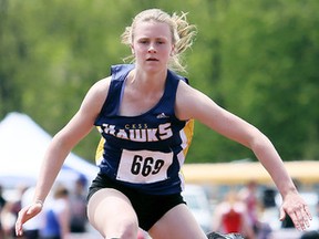 Camille Blain of Chatham-Kent wins the midget girls' 80-metre hurdles on Day 1 of the LKSSAA track and field championship at the Chatham-Kent Community Athletic Complex in Chatham, Ont., on Tuesday, May 9, 2017. (MARK MALONE/The Daily News/Postmedia Network)