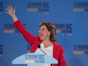 B.C. Liberal leader Christy Clark waves to the crowd following the B.C. Liberal election in Vancouver, B.C., Wednesday, May 10, 2017. THE CANADIAN PRESS/Jonathan Hayward