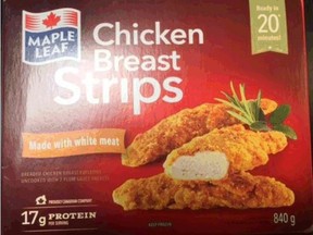 Maple Leaf Foods Inc. is recalling their chicken breast strips in 840 gram packages and various other breaded chicken products because they may contain a toxin produced by Staphylococcus bacteria. (Canadian Food Inspection Agency)