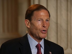 Sen. Richard Blumenthal (D-CT) speaks on a morning television news show about President Trump's firing yesterday of FBI Director James Comey, on Capitol Hill May 10, 2017 in Washington, DC. (Photo by Mark Wilson/Getty Images)