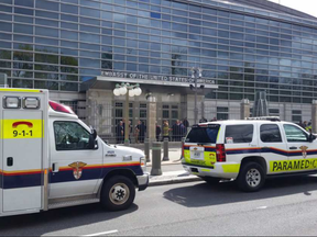 Paramedic Service vehicles on a realistic looking fire drill at the U.S. Embassy Wednesday