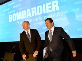 Bombardier Inc. chief executive Alain Bellemare, left, and Chairman Pierre Beaudoin arrive at the company's 2015 annual meeting in Montreal. THE CANADIAN PRESS/Ryan Remiorz