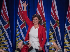 B.C. Liberal leader Christy Clark waves to the crowd following the B.C. Liberal election in Vancouver, B.C., Wednesday, May 10, 2017. (THE CANADIAN PRESS/Jonathan Hayward)