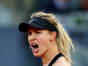 Eugenie Bouchard celebrates a point during her match against Angelique Kerber at La Caja Magica on May 10, 2017. (Clive Rose/Getty Images)