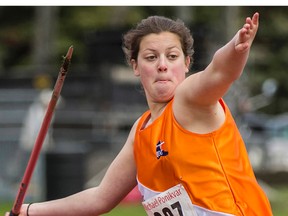 Alexa Prinzen of QCHS competes in midget girls javelin at the Bay of Quinte track and field championships Wednesday at MAS Park. (Bea Serdon for The Intelligencer)