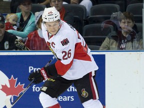 Ottawa Senators forward Matt Puempel skates during their NHL Rookie Tournament hockey game against the Pittsburgh Penguins at Budweiser Gardens in London on Sept. 12, 2015. (Craig Glover/The London Free Press/Postmedia Network)