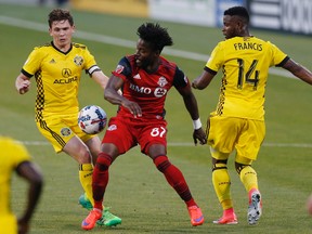 TFC's Tosaint Ricketts scored two goals late for the win against Columbus. (AP)