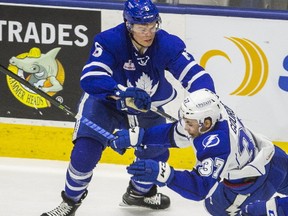 Toronto Marlies' Mike Sislo during AHL action against Syracuse Crunch's Yanni Gourde at the Ricoh Coliseum in Toronto on May 10, 2017. (Ernest Doroszuk/Toronto Sun/Postmedia Network)