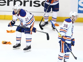 ANAHEIM, CA - MAY 10:  Darnell Nurse #25, Adam Larsson #6 and Drake Caggiula #36 of the Edmonton Oilers react after their 2-1 loss to the Anaheim Ducks in Game Seven of the Western Conference Second Round during the 2017 NHL Stanley Cup Playoffs at Honda Center on May 10, 2017 in Anaheim, California.  (Photo by Sean M. Haffey/Getty Images)