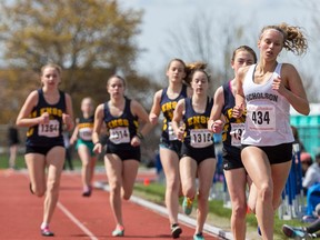 Riley Donia of Nicholson leads the pack in the junior girls 400m event during the 2017 Bay of Quinte track and field championships Wednesday at MAS Park and the Bruce Faulds Track. COSSA is set for the same location on Thursday, May 18. (Bea Serdon for The Intelligencer)