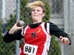 Avery Bathe-Minard of Northern competes in the senior girls' shot put at the LKSSAA track and field championship at the Chatham-Kent Community Athletic Complex in Chatham on Wednesday, May 10, 2017. She had a winning throw of 10.52 metres. (MARK MALONE/Postmedia Network)