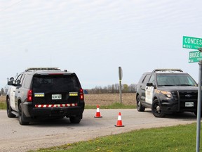 OPP are restricting access to a property in  Bruce County just south of Ripley and a farm in northern Huron County as they search for an armed man who was at the farm on Belfast Road Wednesday afternoon. (Ryan Berry, Postmedia Network)