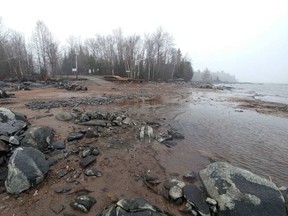 The low water level is seen at the Stonecliffe boat launch in Head, Clara and Maria Township on Sunday, May 7, while those living along the Ottawa River downstream and other waterways have been flooded out. RYAN PAULSEN