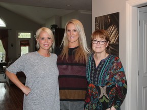 Nicole, left, Danielle and Debbie Geerlinks are caregivers for their father/husband who has Alzheimer’s disease at the age of 63. So far this year they’ve raised $5,000 for the Alzheimer Society St. Thomas-Elgin for its Walk for Alzheimer’s fundraiser on Saturday. (Laura Broadley/Times-Journal)