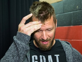 Marc Methot contemplates the flooding in Eastern Ontario as he and a few of his teammates met with the media  yesterday. (Wayne Cuddington/Postmedia Network)