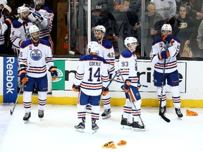 The Edmonton Oilers react after a 2-1 loss to the Anaheim Ducks in Game 7 of their Western Conference second round playoff series at Honda Center on May 10, 2017, in Anaheim, Calif. (Sean M. Haffey/Getty Images)