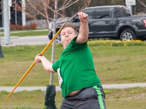 Fifteen-year-old Grade 10 Loyalist Collegiate student Zach Deir was a standout in the field disciplines at the two-day Kingston Area Secondary Schools Athletic Association championships, which wound up Thursday at CaraCo Home Field. He broke a seven-year-old record in junior shot put while also winning in the javelin and discus. (Tim Gordanier/The Whig-Standard)