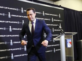 Guy Boucher of the Ottawa Senators leaves the podium after speaking with the media prior to playing against the New York Rangers in Game 6 at Madison Square Garden on May 9, 2017. (Bruce Bennett/Getty Images)