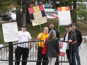 Northern Ontario Party members protested Thursday outside the Federation of Northern Ontario Municipalities conference at Nipissing University. The group is upset the party wasn't invited to the conference. 
Gord Young/The Nugget.
