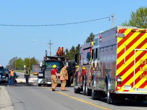 An asphalt truck and pick-up truck collided Friday morning on Oil Heritage Road and Churchill Line, south of Wyoming. (Melissa Schilz/Postmedia Network)