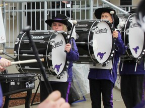 Members of the Colts Drum Line perform in 2014 outside city hall for the City of Sarnia's 100th birthday party. The drum line recently announced it has a new home at Community of Christ Church. (Tyler Kula/Sarnia Observer)