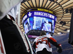 Erik Karlsson of the Ottawa Senators skates out for warm-ups prior to Game 3 against the New York Rangers at Madison Square Garden on May 2, 2017. (Bruce Bennett/Getty Images)