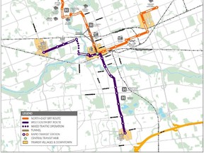 London?s proposed bus rapid transit system, first conceived as a system combining both buses and light rail, minus suggested route alternatives for contentious downtown and northern legs. City staff have now yanked from their recommendations the tunnel beneath Richmond Row as too costly.