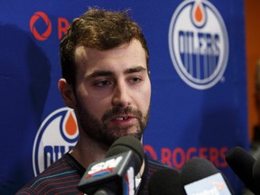 Edmonton Oilers' Jordan Eberle is interviewed during a final media conference of the season at Rogers Place in Edmonton, Alta. on Friday, May 12, 2017.