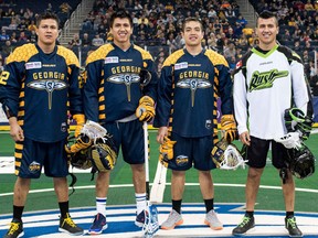 Georgia boasts NLL scoring leader Lyle Thompson (second from left), brother Jerome (left) and a third sibling, Miles (second from right). Courtesy Georgia Swarm
