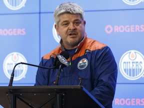 Edmonton Oilers head coach Todd McLellan speaks during a final media conference of the season at Rogers Place in Edmonton, Alta. on Friday, May 12, 2017.