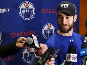 Edmonton Oilers goaltender Cam Talbot is interviewed during a final media conference of the season at Rogers Place in Edmonton, Alta. on Friday, May 12, 2017.