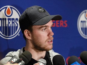 Edmonton Oilers' Connor McDavid is interviewed during a final media conference of the season at Rogers Place in Edmonton, Alta. on Friday, May 12, 2017.