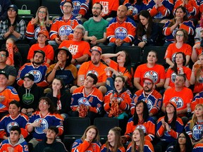 Edmonton Oilers fans watch their team play the Anaheim Ducks on the big screen at Rogers Place in Edmonton on Wednesday May 10, 2017. They were playing game seven of their Stanley Cup playoff series in Anaheim, California.