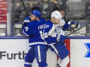 Toronto Marlies forward Brett Findlay during AHL playoff action against Syracuse Crunch's Joel Vermin at the Ricoh Coliseum in Toronto on May 10, 2017. (Ernest Doroszuk/Toronto Sun/Postmedia Network)