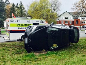 A 48-year-old man was shaken up but not injured when this car flipped at Highcroft Drive and Manotick Main Street Saturday morning. OTTAWA PARAMEDIC SERVICES PHOTO