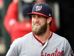 Washington Nationals’ Bryce Harper smiles in the dugout before a game against the Baltimore Orioles, Tuesday, May 9, 2017, in Baltimore. (AP Photo/Nick Wass)