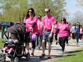 Jayme Mahon and his wife Jes, with their daughters Maeve and Emery in tow, take a stroll through Canatara Park at Sarnia's first-ever Juvenile Diabetes Foundation Walk Saturday. Close to $10,000 was raised at the inaugural event to support research efforts to improve the quality of life for people living with Type 1 diabetes. Barbara Simpson/Sarnia Observer/Postmedia Network