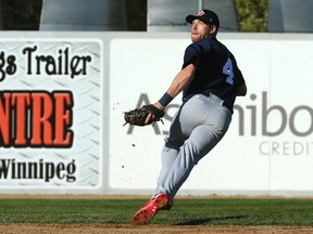 Winnipeg Goldeyes shortstop Andrew Sohn retreats for a bloop single during American Association exhibition action against the Fargo-Moorhead RedHawks at Shaw Park in Winnipeg on Thurs., May 10, 2017. Kevin King/Winnipeg Sun/Postmedia Network