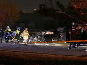 A two-car collision in Mississauga, near Innovator Dr. and Superior Blvd., sent three males to hospital on Saturday, May 13, 2017. (Pascal Marchand photo)
