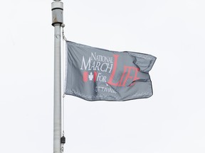 A March For Life flag flies at Ottawa City Hall on May 11,2017