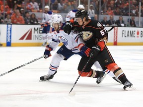 Rickard Rakell #67 of the Anaheim Ducks skates against Oscar Klefbom #77 of the Edmonton Oilers in Game Seven of the Western Conference Second Round during the 2017 NHL Stanley Cup Playoffs at Honda Center on May 10, 2017 in Anaheim, California.